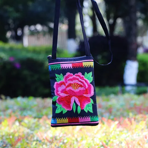 Ethnic Style Tribal Embroidery Flower Crossbody 6.5 Inch Mobile Phone Bag Hanging Neck Mobile Phone Bag