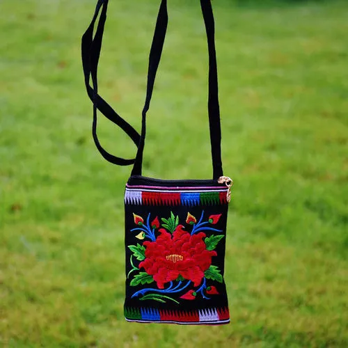 Ethnic Style Tribal Embroidery Flower Crossbody 6.5 Inch Mobile Phone Bag Hanging Neck Mobile Phone Bag