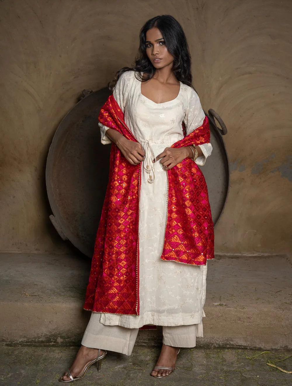 Exquisite & Intricate Hand Embroidered Phulkari Dupatta - Red Diamonds