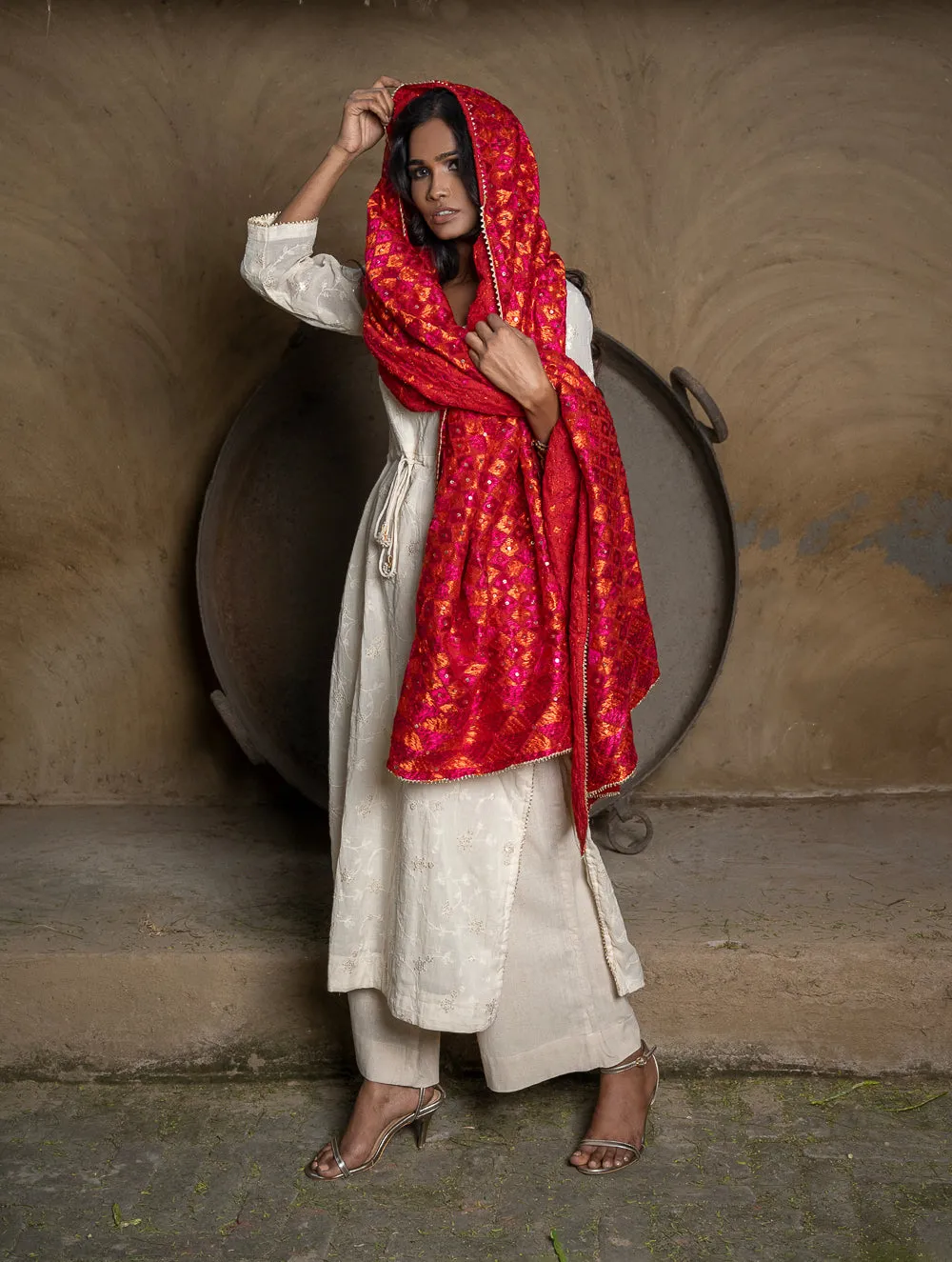 Exquisite & Intricate Hand Embroidered Phulkari Dupatta - Red Diamonds