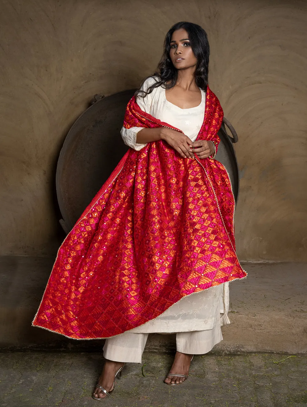 Exquisite & Intricate Hand Embroidered Phulkari Dupatta - Red Diamonds