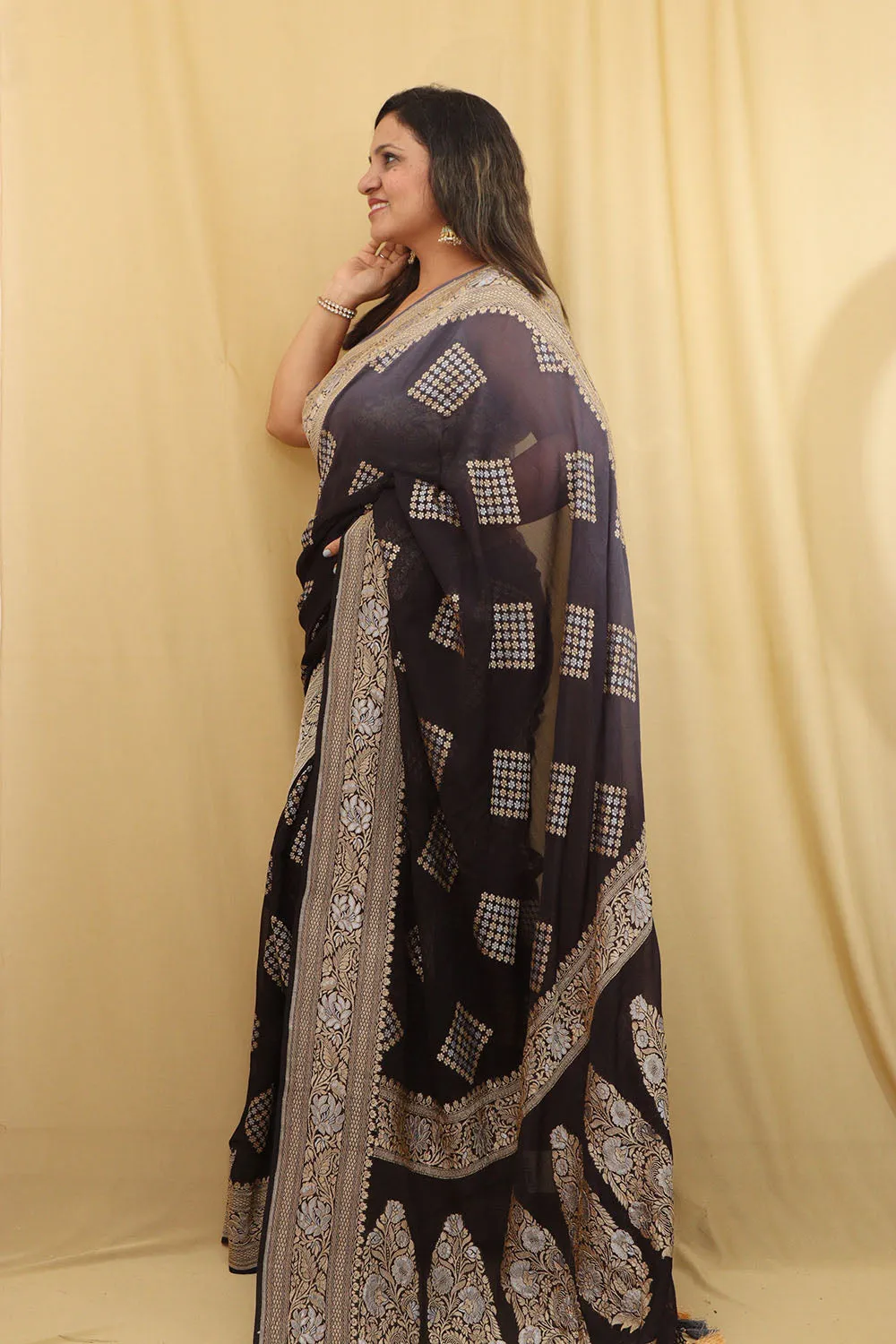 Exquisite Black & Grey Banarasi Georgette Saree