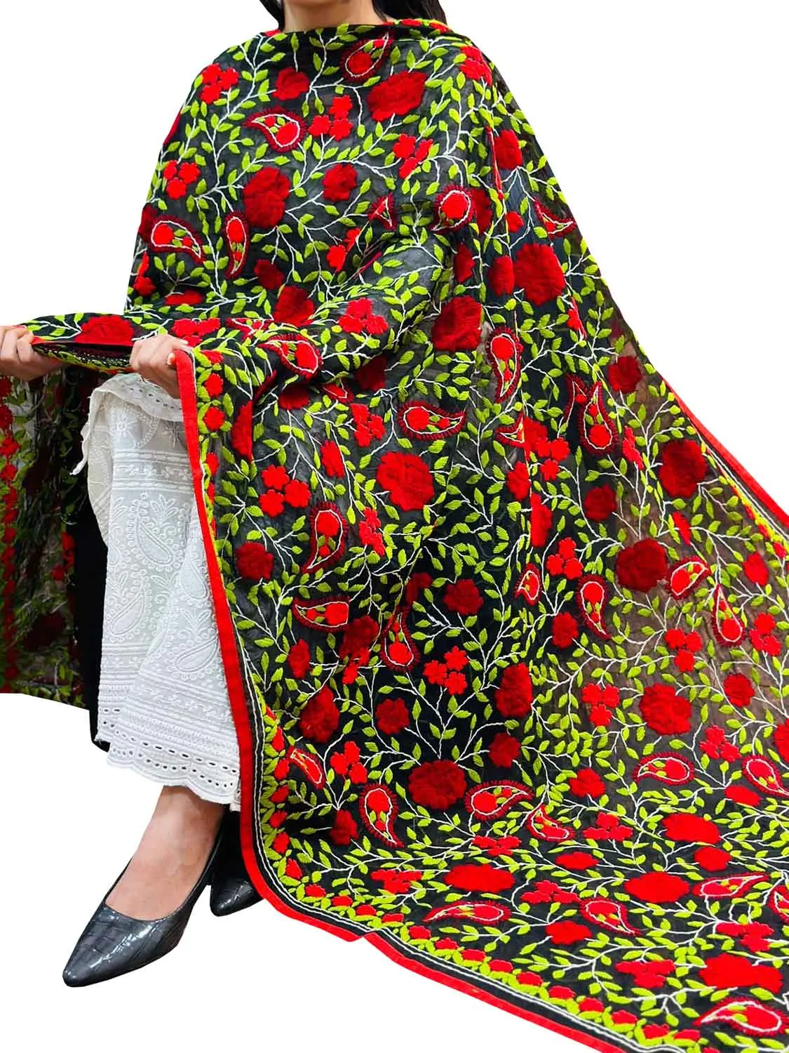 Exquisite Black Phulkari Georgette Dupatta with Hand Embroidery