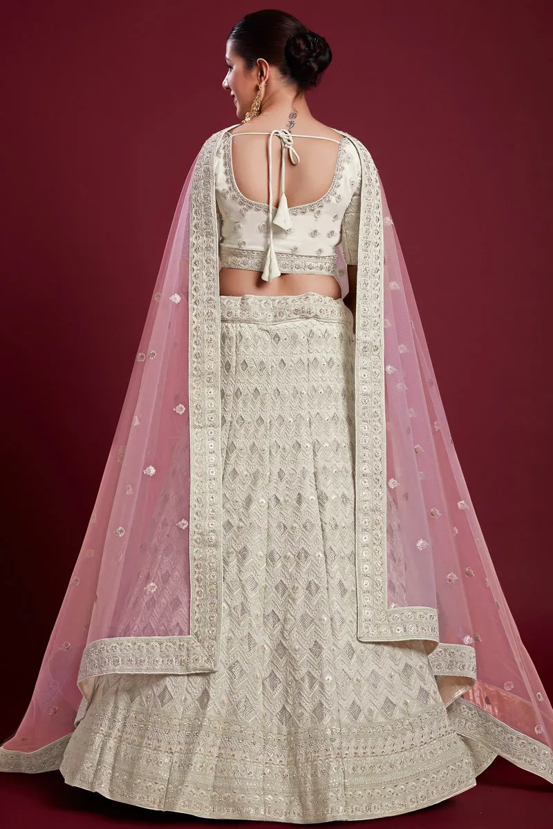 Exquisite Georgette Off White Lehenga With Zarkan Work