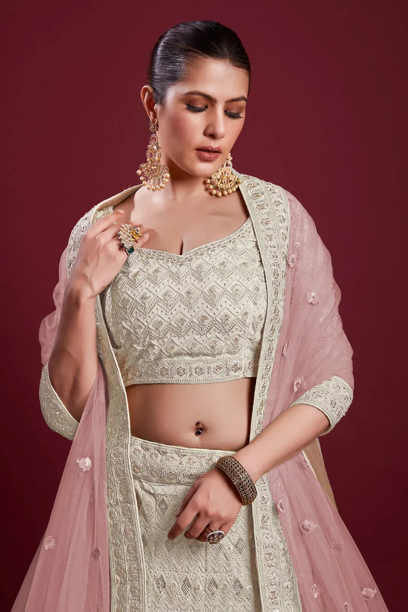 Exquisite Georgette Off White Lehenga With Zarkan Work