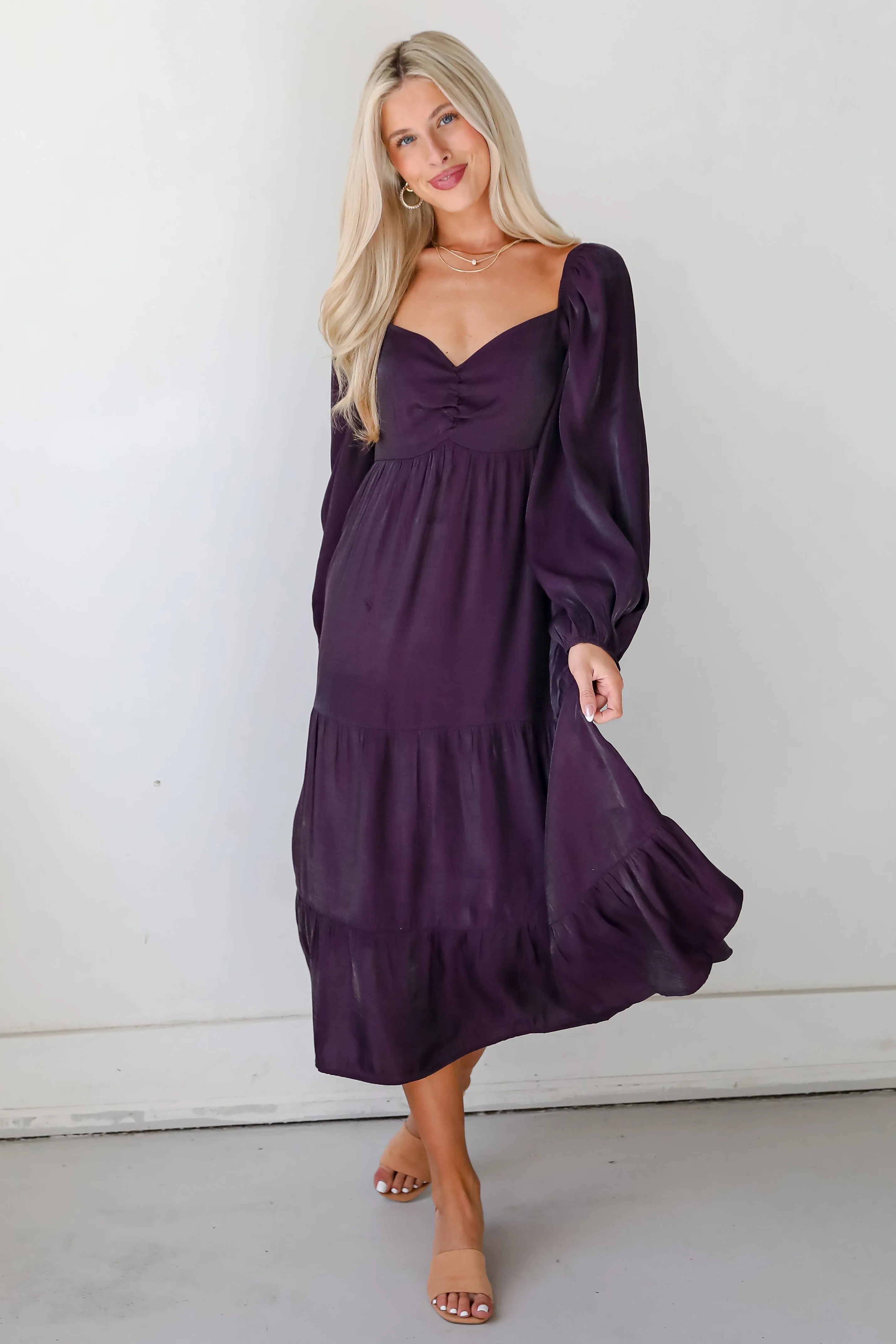 Exquisite Marvel Plum Tiered Midi Dress