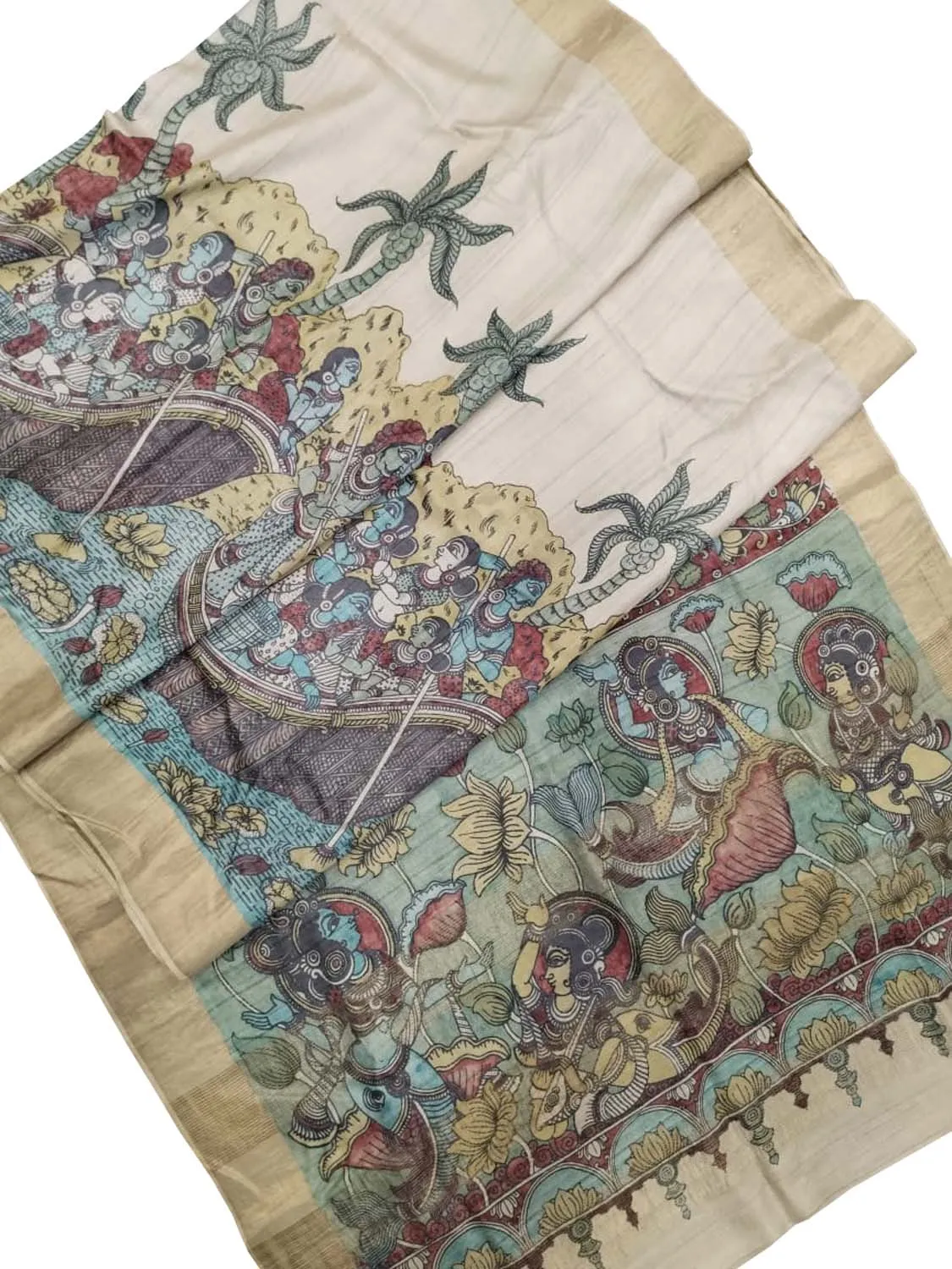 Exquisite Multicolor Kalamkari Hand Painted Tussar Silk Saree