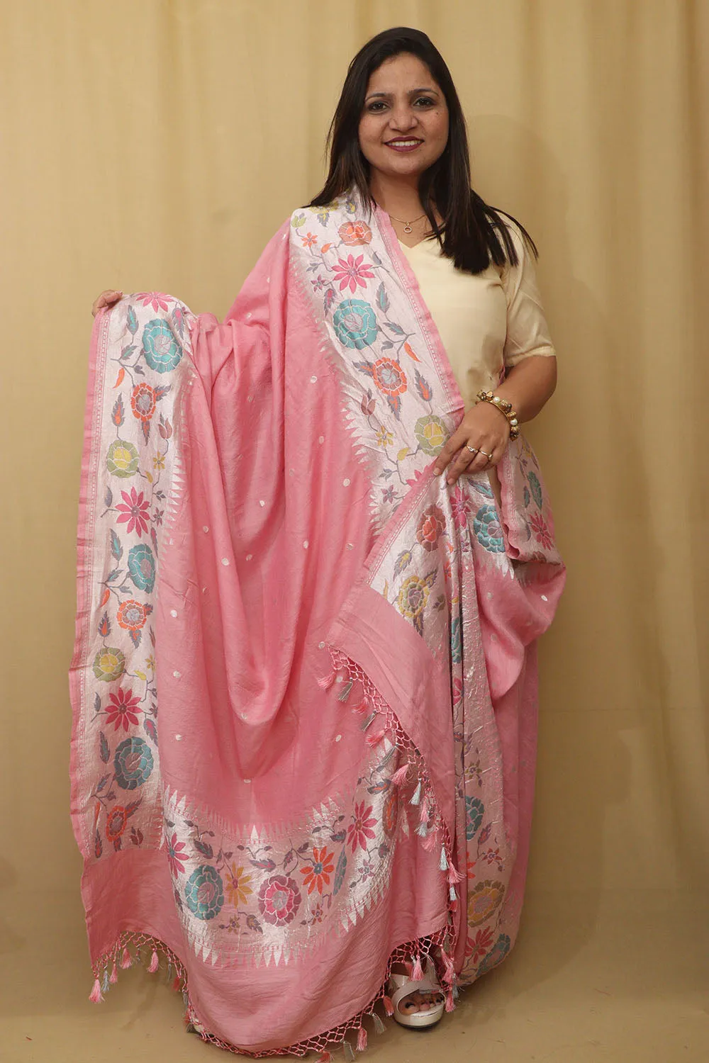 Exquisite Pink Banarasi Handloom Pure Moonga Silk Dupatta