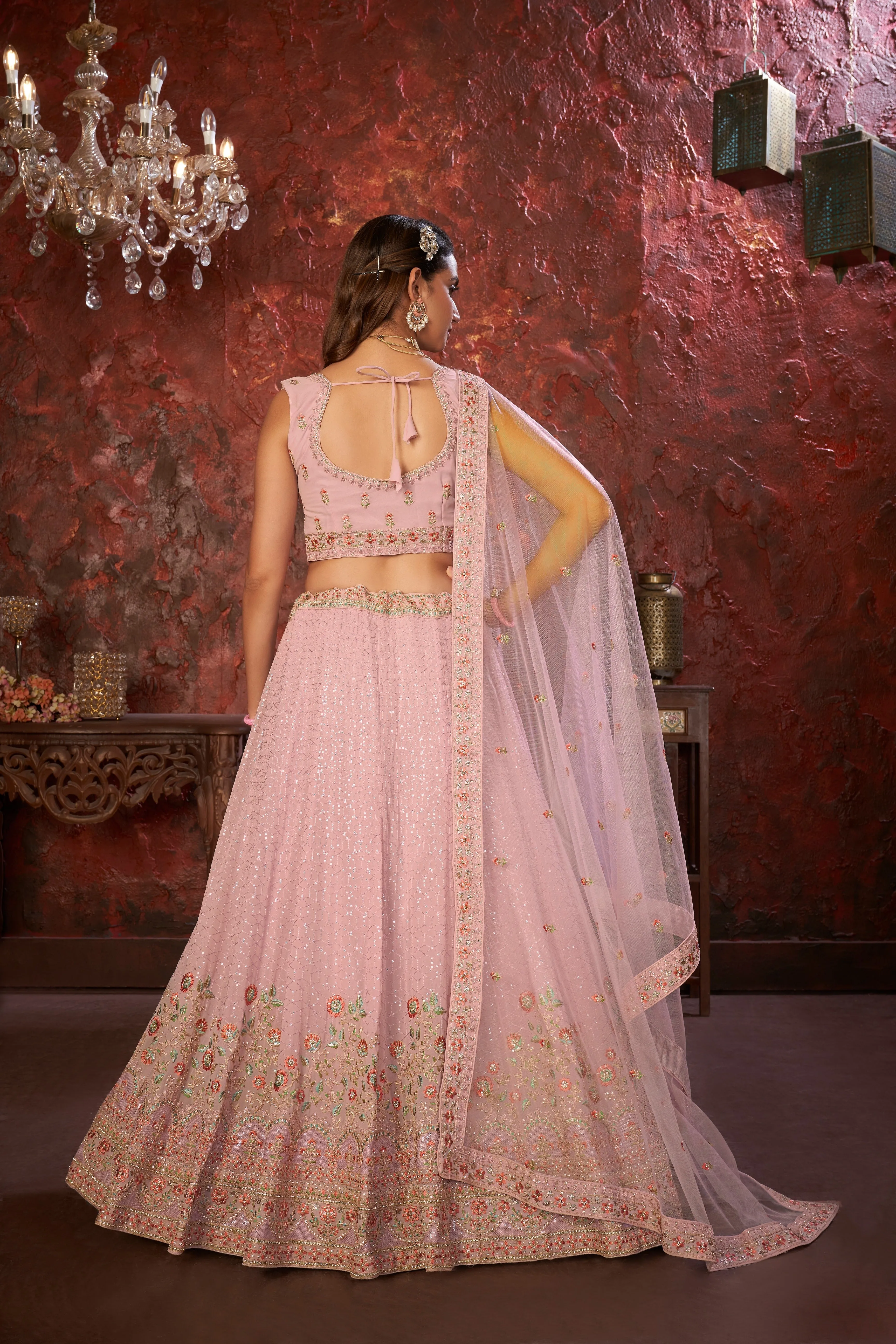 Exquisite Pink Embroidered Fox Georgette Girlish Trendy Lehenga