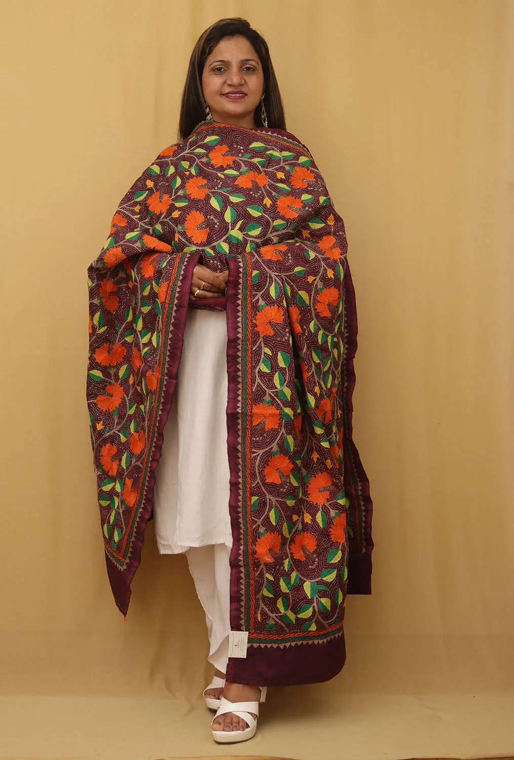 Exquisite Purple Kantha Silk Dupatta with Hand Embroidery