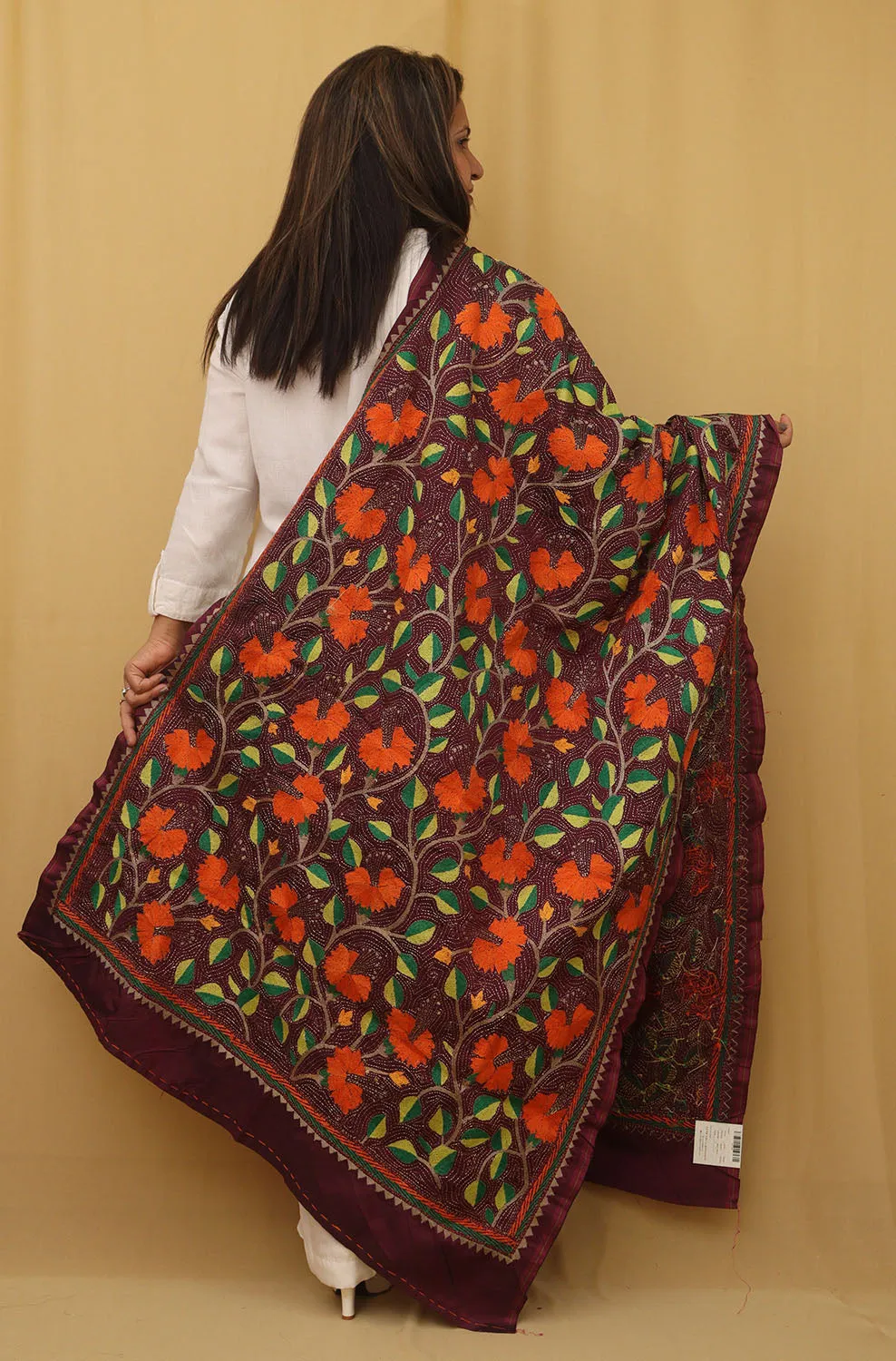 Exquisite Purple Kantha Silk Dupatta with Hand Embroidery