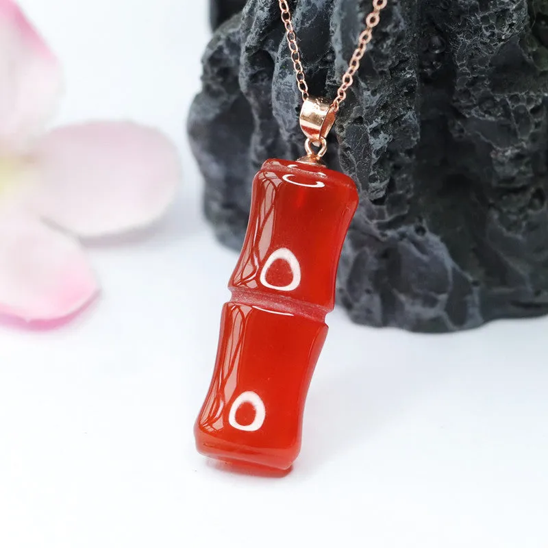 Exquisite Red Agate Bamboo Pendant Sterling Silver Necklace