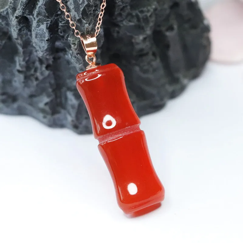 Exquisite Red Agate Bamboo Pendant Sterling Silver Necklace