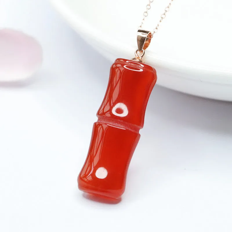 Exquisite Red Agate Bamboo Pendant Sterling Silver Necklace