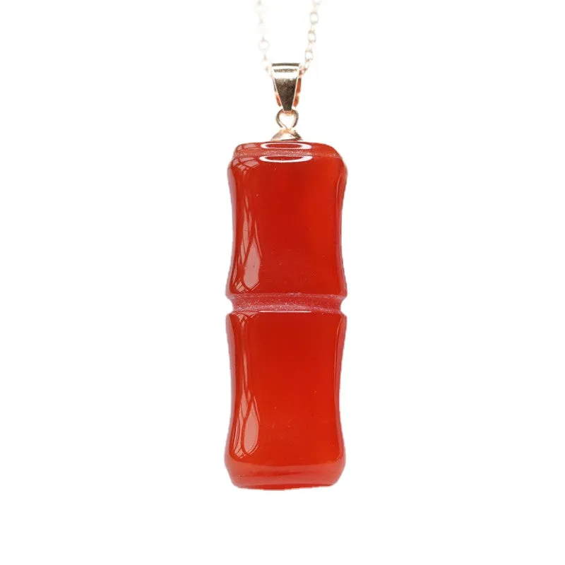 Exquisite Red Agate Bamboo Pendant Sterling Silver Necklace