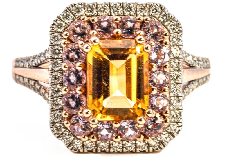 Exquisite Rose Gold Citrine, Sapphire & Diamond Cluster Ring