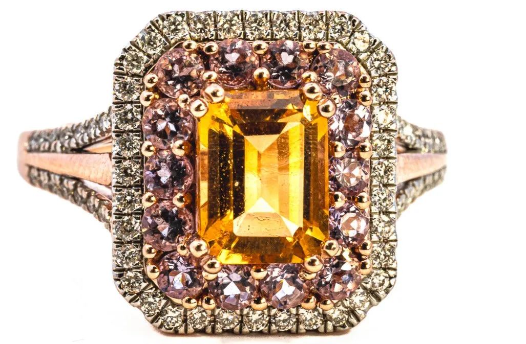 Exquisite Rose Gold Citrine, Sapphire & Diamond Cluster Ring