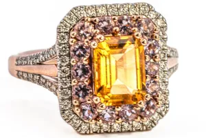 Exquisite Rose Gold Citrine, Sapphire & Diamond Cluster Ring