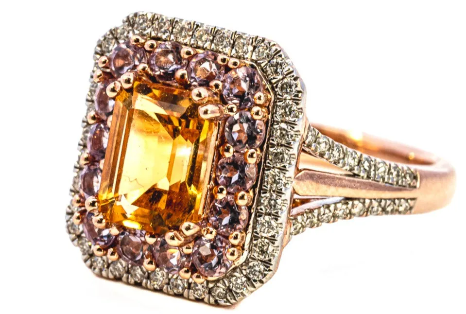 Exquisite Rose Gold Citrine, Sapphire & Diamond Cluster Ring