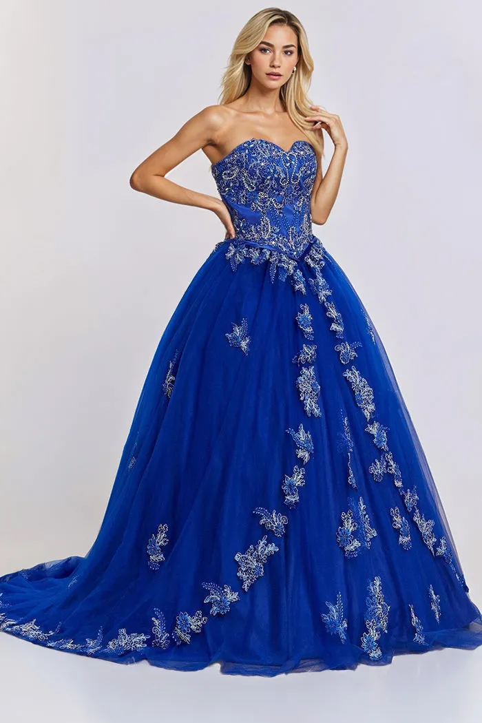 Exquisite Royal Blue Strapless Flower Appliques Quinceanera Dresses