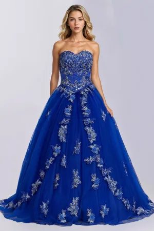 Exquisite Royal Blue Strapless Flower Appliques Quinceanera Dresses