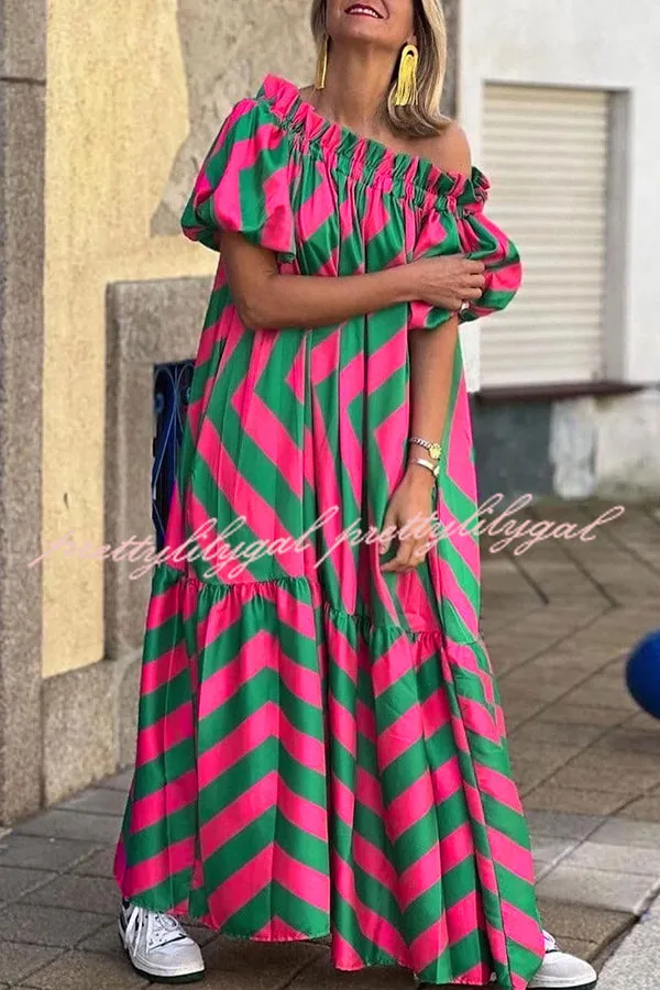 Exquisite Striped Patchwork Bell Sleeve Pocket Maxi Dress