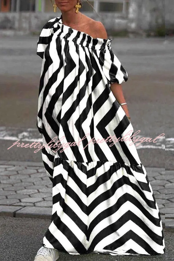 Exquisite Striped Patchwork Bell Sleeve Pocket Maxi Dress