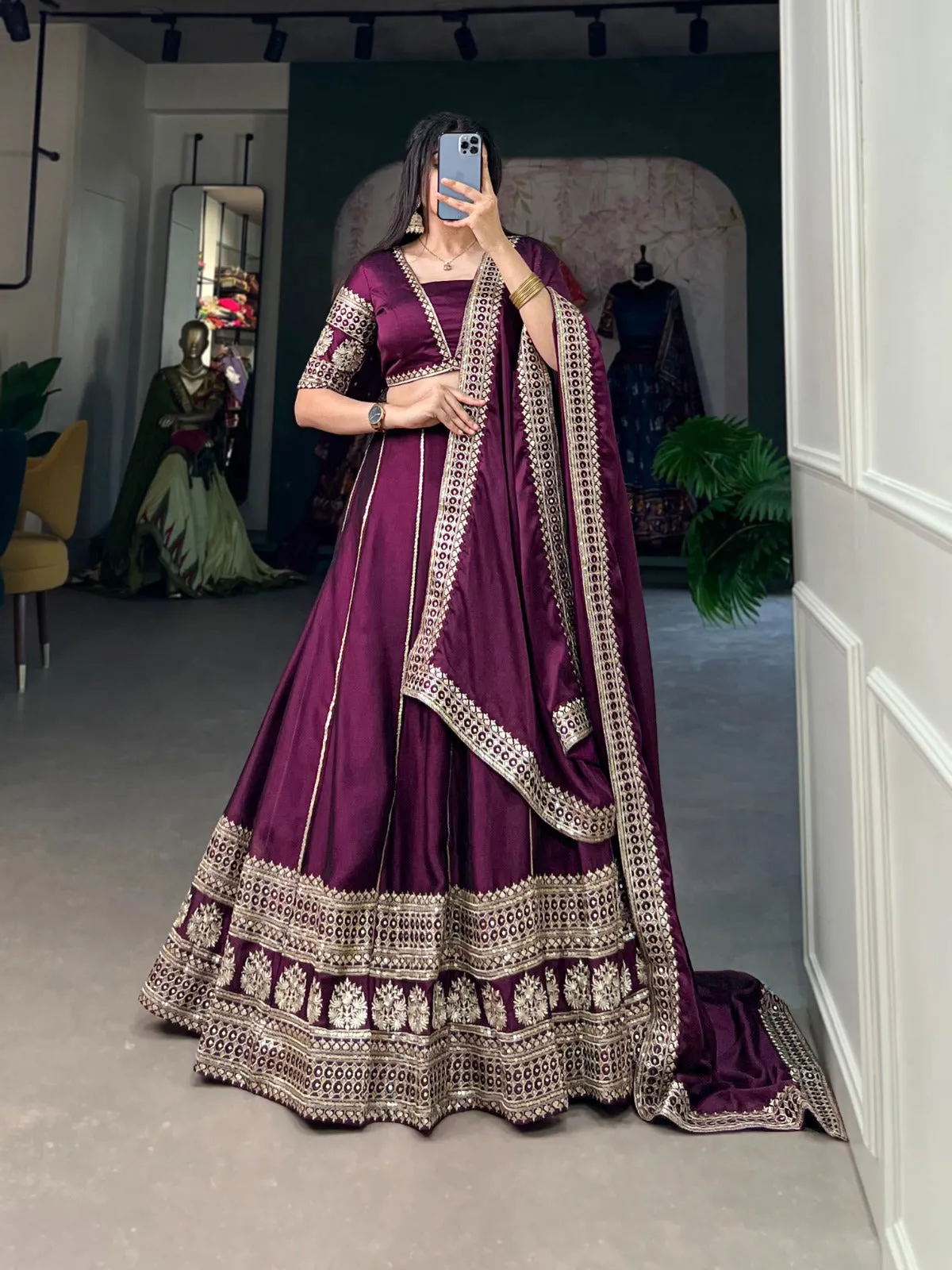 Exquisite Wine Rangoli Silk Sequin Embroidered Lehenga Choli