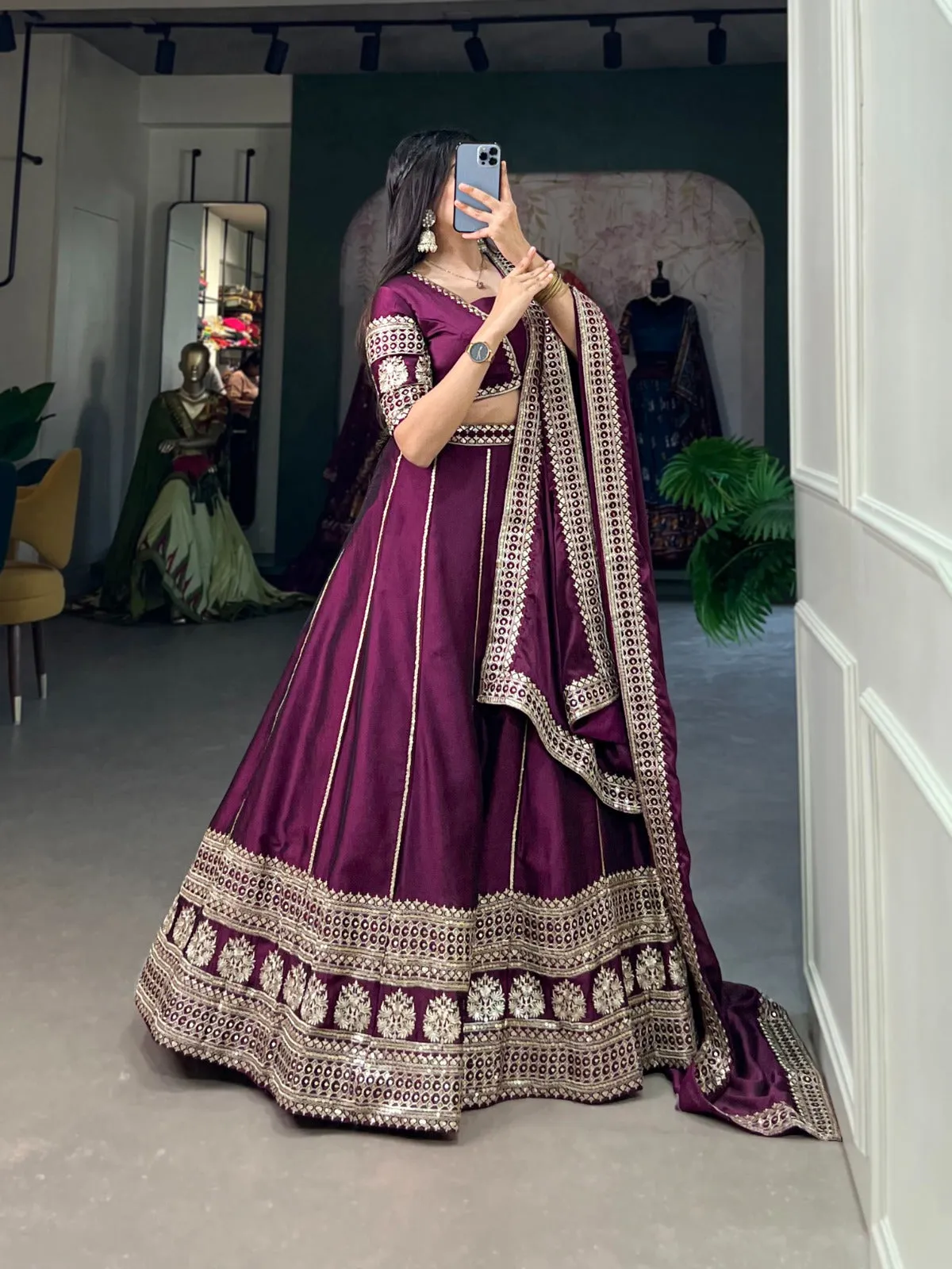 Exquisite Wine Rangoli Silk Sequin Embroidered Lehenga Choli