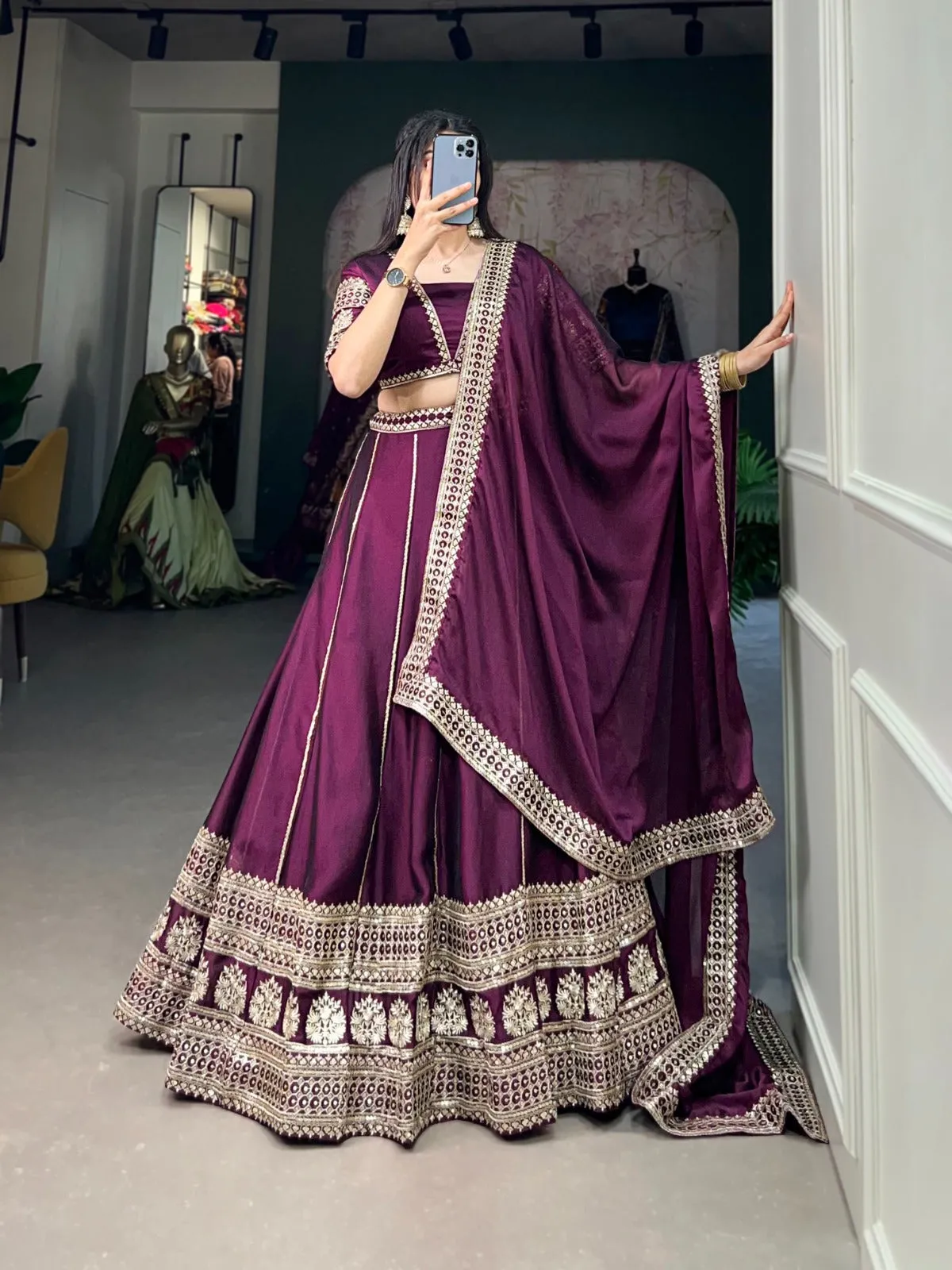 Exquisite Wine Rangoli Silk Sequin Embroidered Lehenga Choli