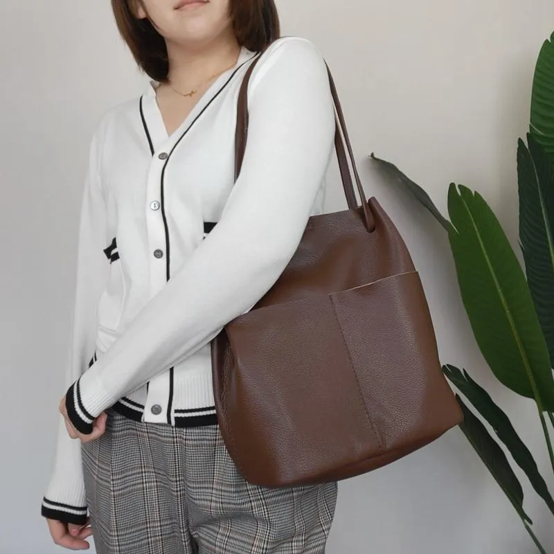 Fashion Womens Khaki Leather Tote Bag Vertical Coffee Shoulder Tote Bag Bucket Tote For Women