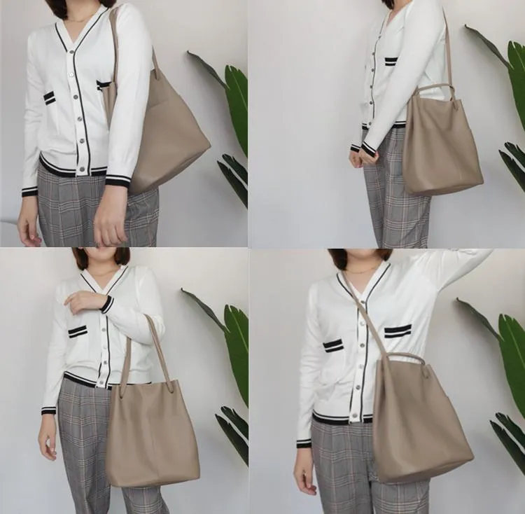 Fashion Womens Khaki Leather Tote Bag Vertical Coffee Shoulder Tote Bag Bucket Tote For Women