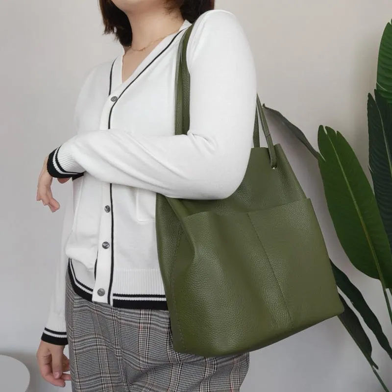 Fashion Womens Khaki Leather Tote Bag Vertical Coffee Shoulder Tote Bag Bucket Tote For Women