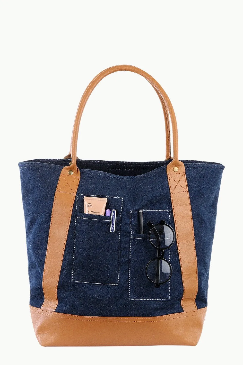 Faux Leather Detail Denim Tote Bag