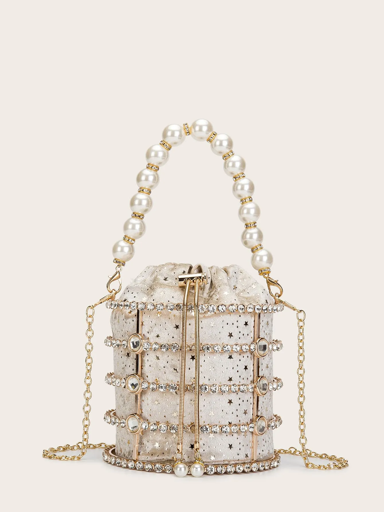 Faux Pearl & Rhinestone Decor Bucket Bag