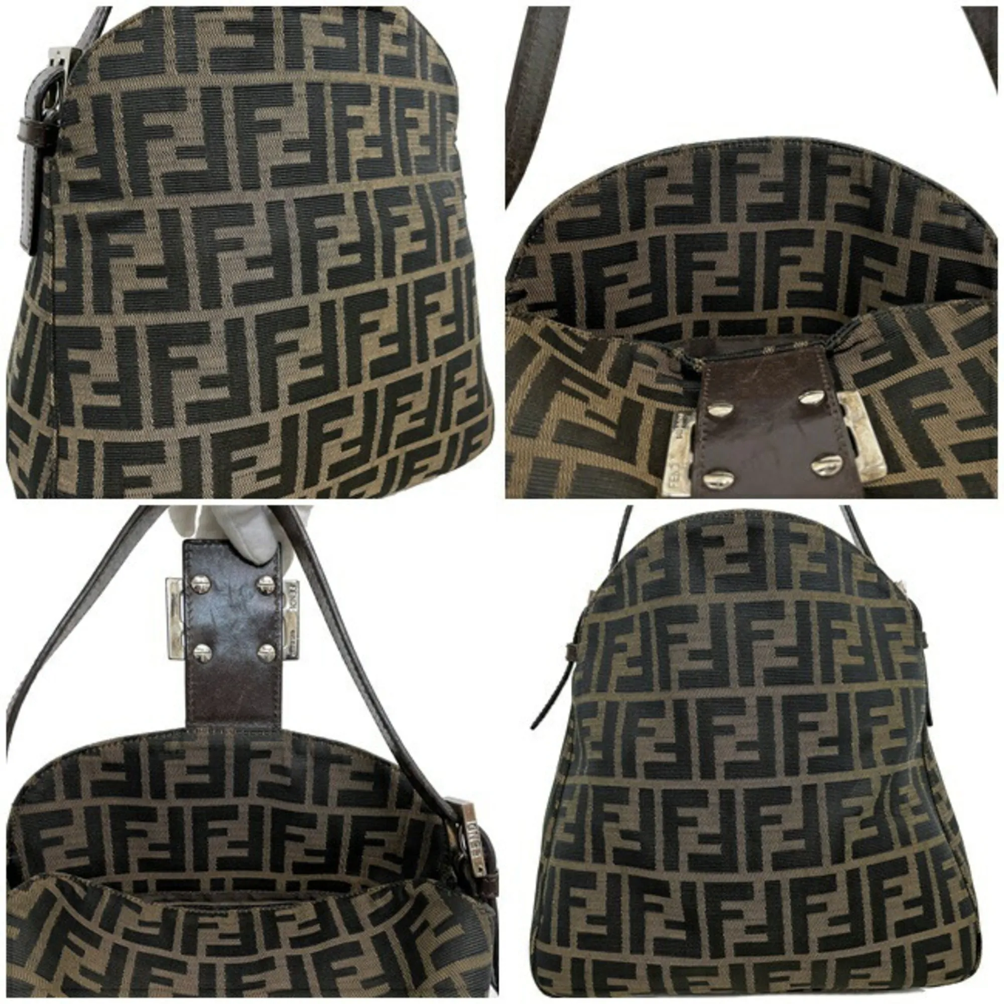 Fendi Handbag Mamma Bag Brown Khaki Silver Zucca Canvas Leather FENDI Bucket Flap FF Mini Ladies