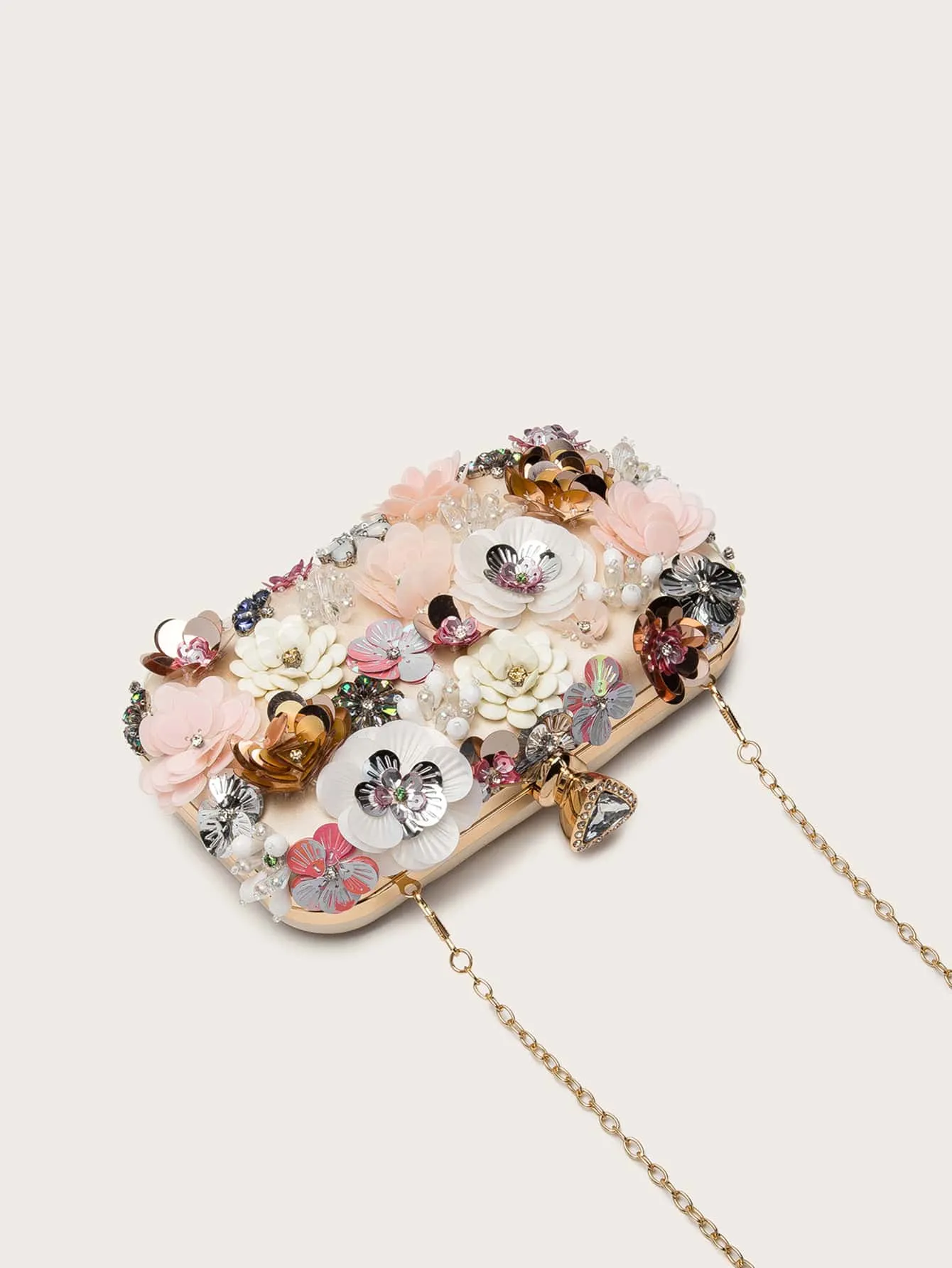 Floral Appliques Chain Clutch Bag