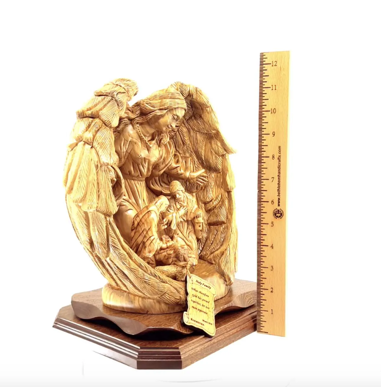 Guardian Angel with Holy Family Nativity Scene Masterpiece 11.8" , Christmas Art Masterpiece Olive Wood Carved Sculpture from the Holy Land