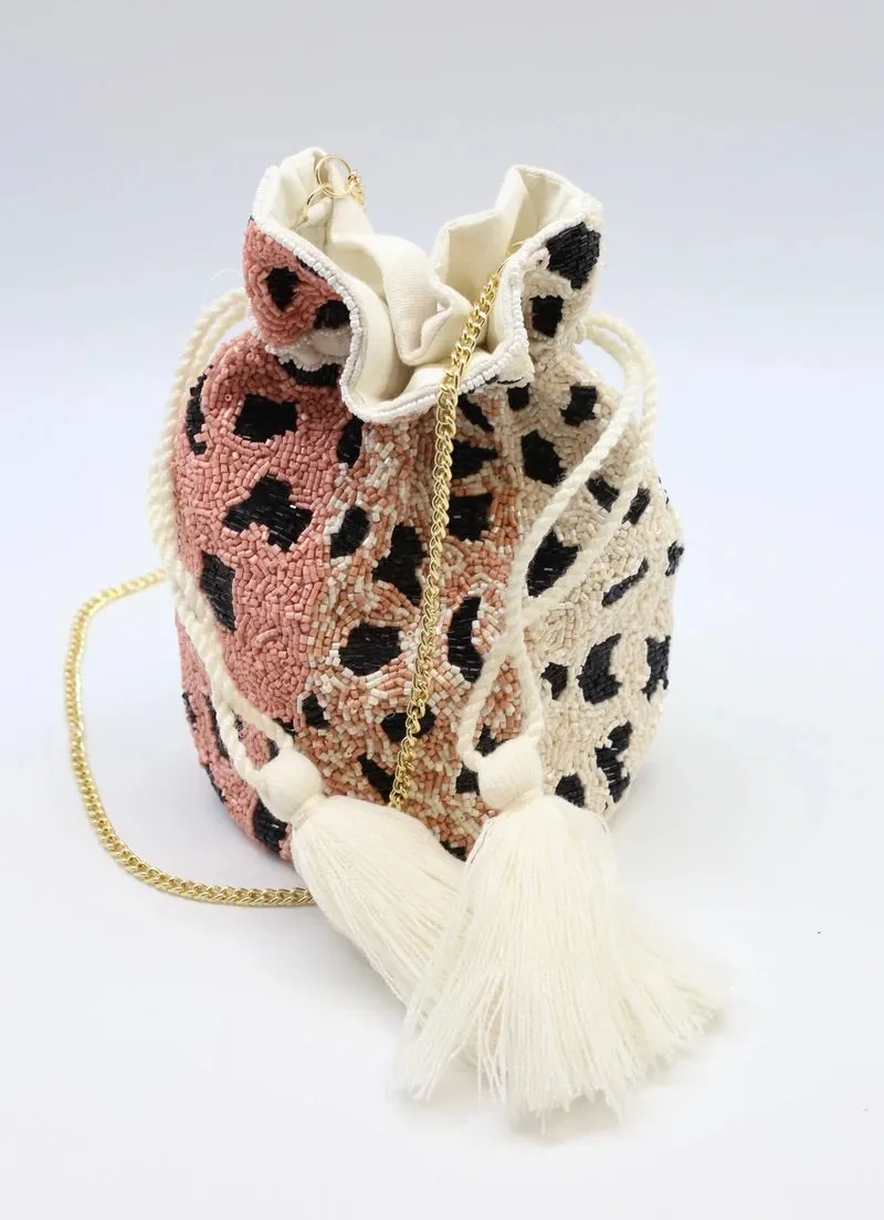 Halpern Leopard Beaded Bucket Bag