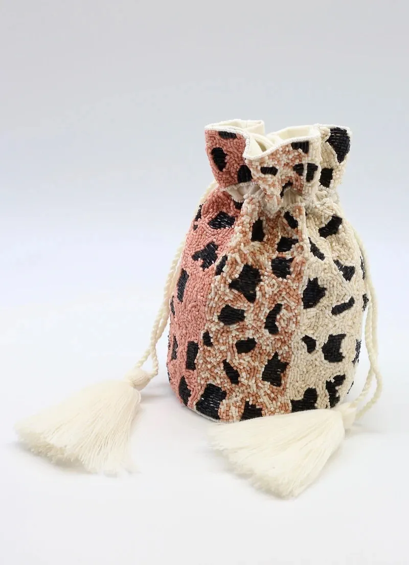 Halpern Leopard Beaded Bucket Bag