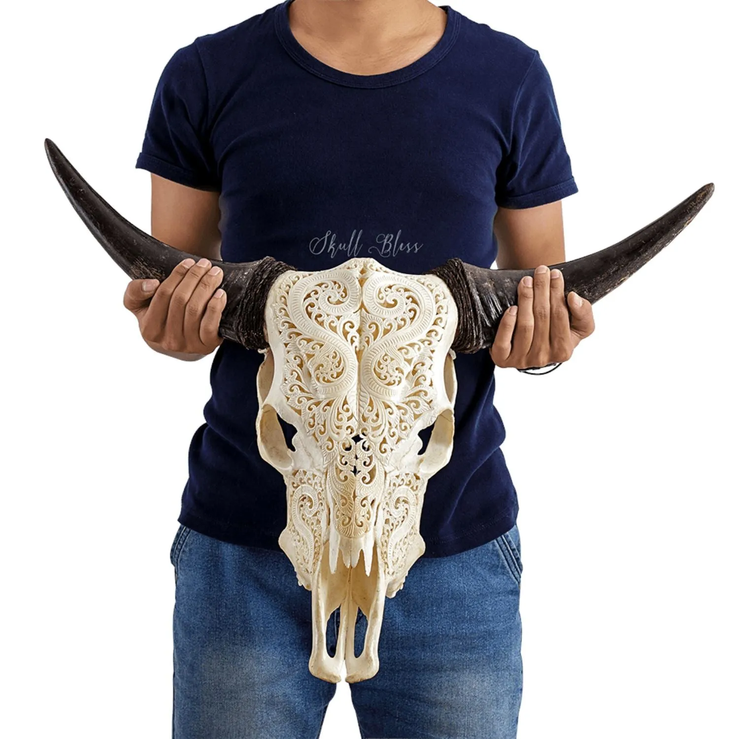 Hand Carved Cow Skull - Heart