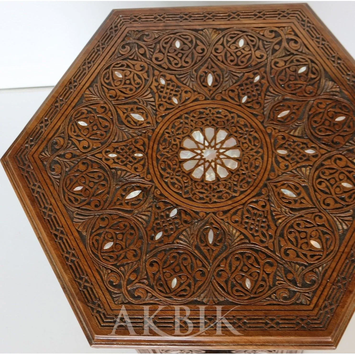 Hand-Carved Side Table: Andalusian Calligraphy Design