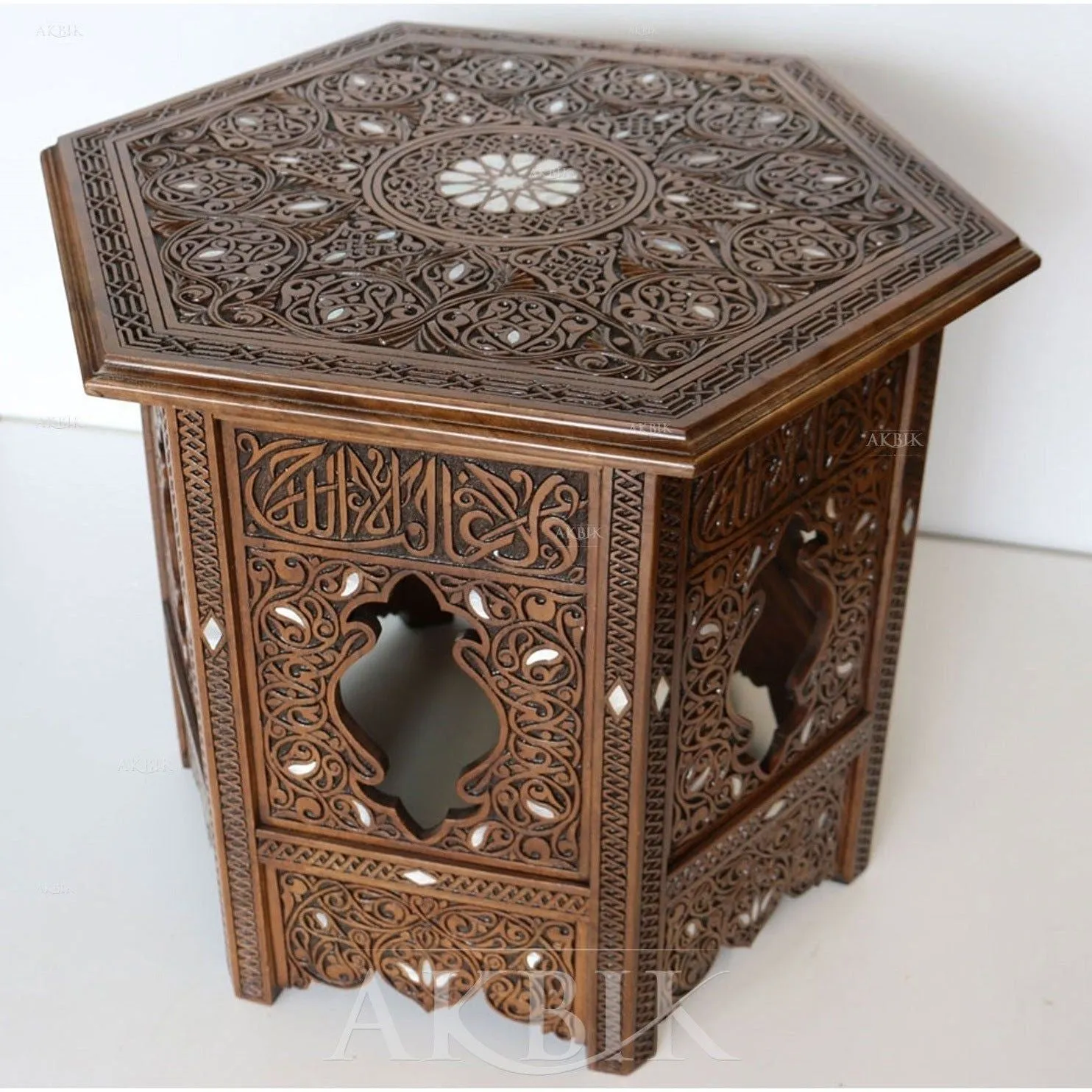 Hand-Carved Side Table: Andalusian Calligraphy Design