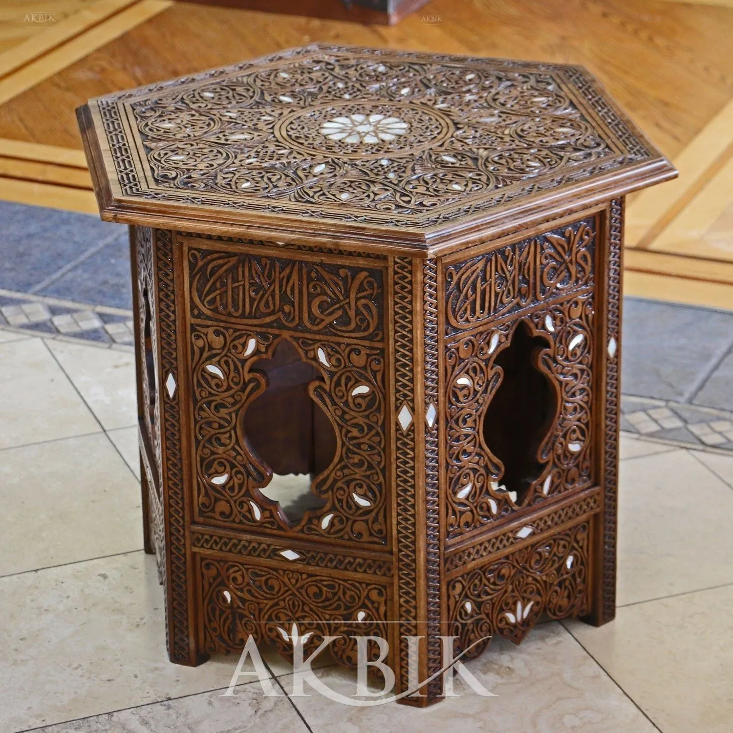 Hand-Carved Side Table: Andalusian Calligraphy Design