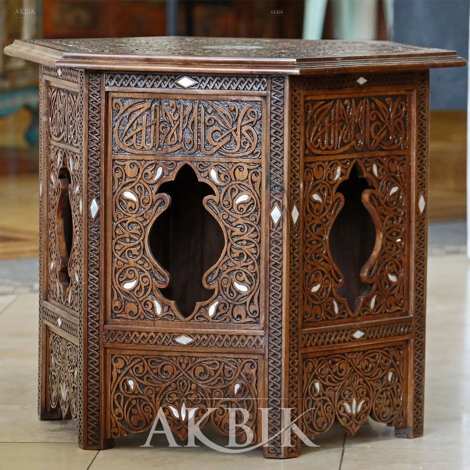 Hand-Carved Side Table: Andalusian Calligraphy Design