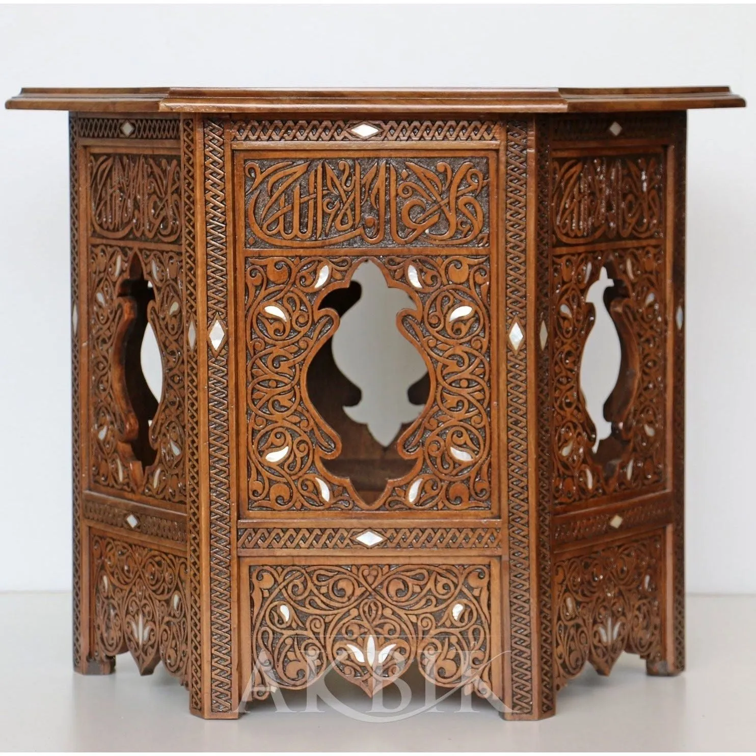 Hand-Carved Side Table: Andalusian Calligraphy Design