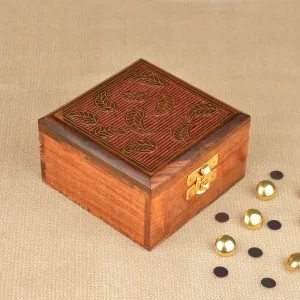 Hand Carved Wooden Box  (Sheesham Wood , Brass Inlay Work ,10 cm x 10 cm x 5.5 cm )