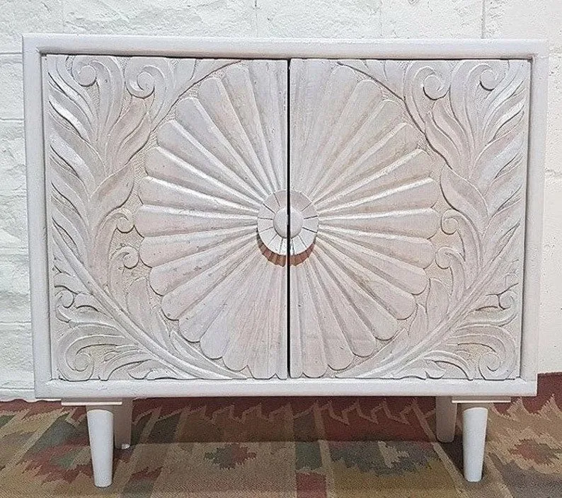 Handmade Indian Carved Vintage Small Sideboard | Hand Carved Wooden Cabinet