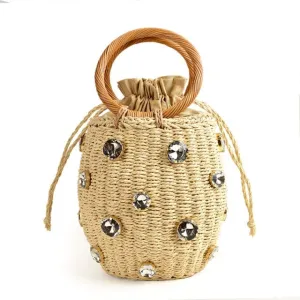 Handmade Rhinestone Crystal Embellished Mini Straw Bucket Bag-WM0313