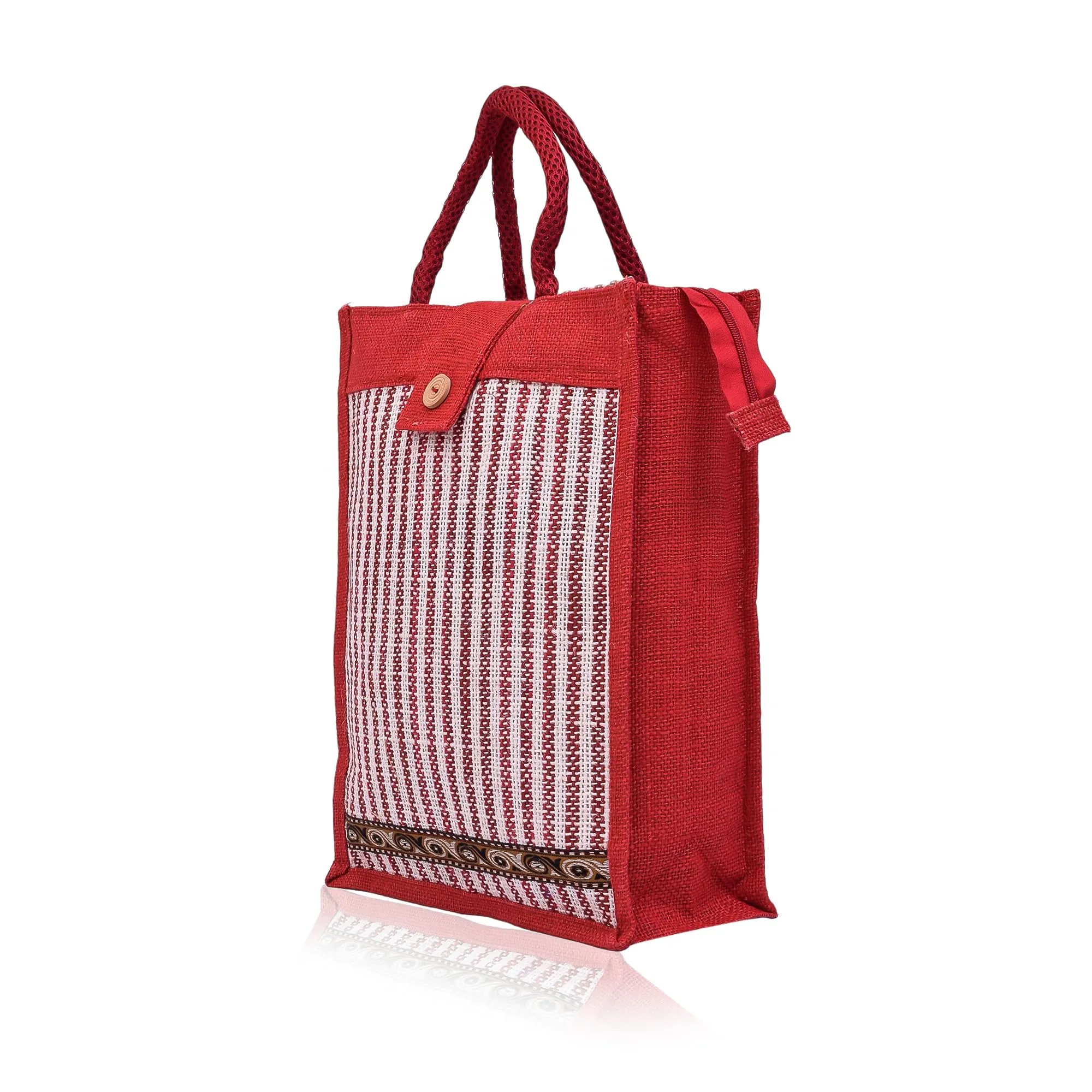 Heart Home Shopping Bag | Jute Carry Bag | Zipper Grocery Bag with Handle | Vegetable Bag with Top Flap | Reusable Shopping Bag | Lining-Grocery Bag | Medium | Red